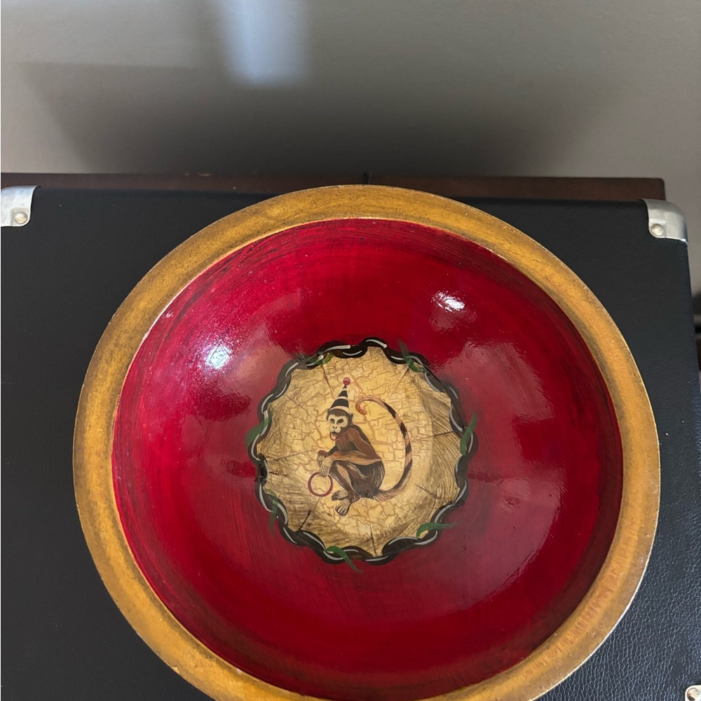 Paul Munro Vintage Painted Wood Bowl With Monkey With Hat